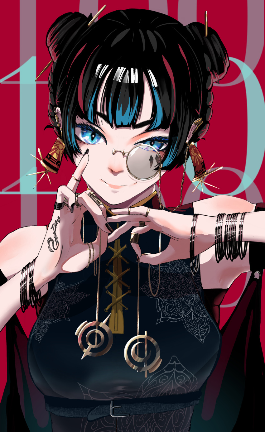 absurdres belt black_belt black_dress black_hair black_nails blue_eyes blue_hair bracelet chinese_clothes closed_mouth commentary double_bun dress ear_piercing earrings eyelashes female hair_bun hair_ornament hairpin hand_gesture hand_tattoo hands_up highres hiyaori_(hiyahiyaval) jewelry looking_at_viewer monocle multicolored_hair nail_polish original piercing red_background red_hair round_eyewear sleeveless sleeveless_dress smile solo streaked_hair symbol-shaped_pupils tattoo tsurime upper_body