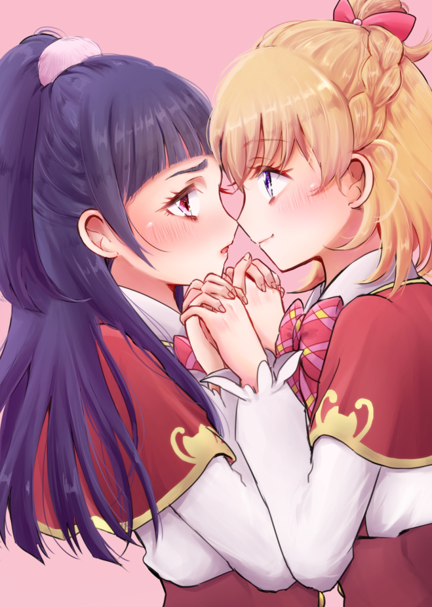 2girls asahina_mirai blonde_hair blue_eyes blunt_bangs blush bow bowtie braid capelet closed_mouth couple eye_contact french_braid from_side hair_ornament hairbow high-waist_skirt high_ponytail highres holding_hands imminent_kiss interlocked_fingers izayoi_liko kononkono long_hair long_sleeves looking_at_another magic_school_uniform mahou_girls_precure! multiple_girls open_mouth pink_background plaid_neckwear precure purple_hair red_bow red_bowtie red_capelet red_eyes red_skirt school_uniform shirt short_hair skirt smile upper_body white_shirt yuri