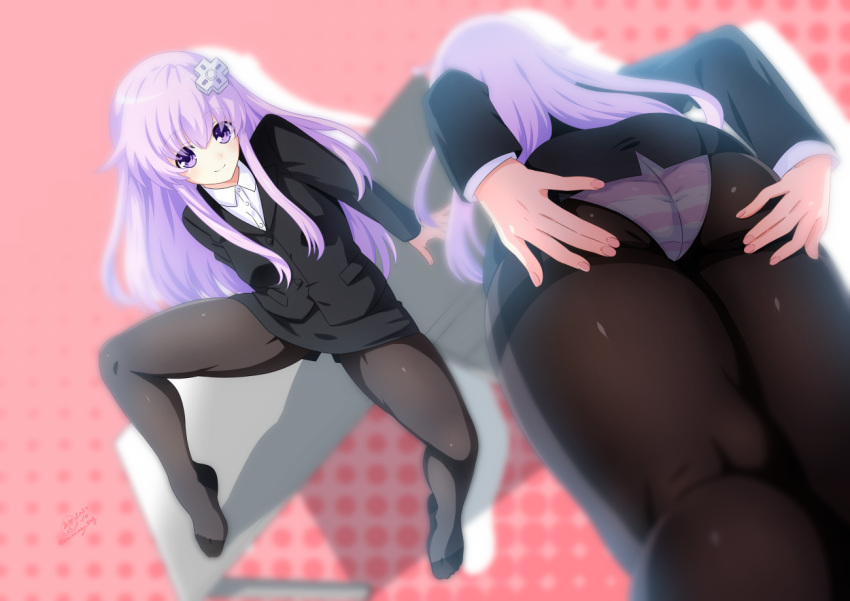 alternate_costume black_legwear business_suit commission d-pad d-pad_hair_ornament female formal hair_between_eyes hair_ornament k.ty_(amejin) long_hair long_sleeves looking_at_viewer multiple_views nepgear neptune_(series) no_shoes panties panties_under_pantyhose pantyhose pencil_skirt purple_eyes purple_hair sidelocks skirt skirt_suit smile striped_clothes striped_panties suit underwear upper_body