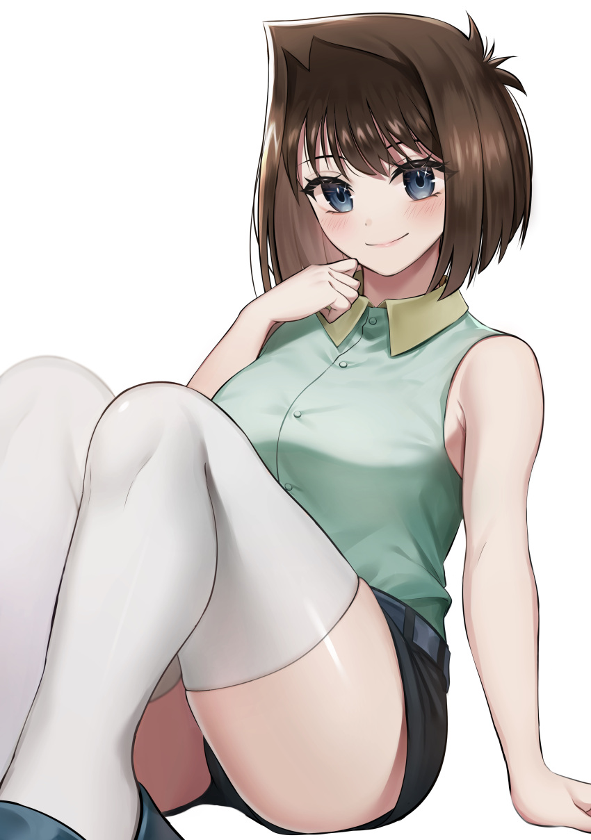 absurdres aqua_shirt arm_support bad_id bad_pixiv_id belt blue_footwear blush breasts brown_hair buttons collared_shirt ebinomi female highres knees_up looking_at_viewer mazaki_anzu medium_breasts medium_hair shirt shorts simple_background sitting skindentation sleeveless sleeveless_shirt smile solo thighhighs white_background white_thighhighs yu-gi-oh! yu-gi-oh!_duel_monsters