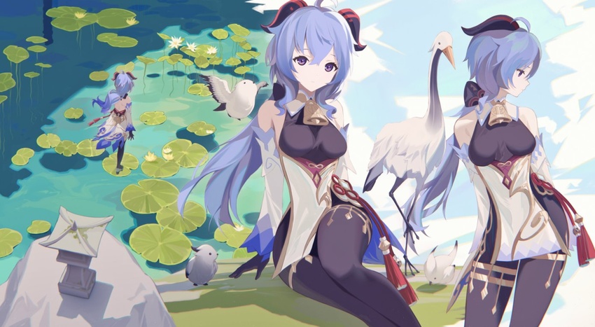 ahoge animal bare_shoulders bell bird blue_hair bodystocking breasts cowbell detached_sleeves female flower ganyu_(genshin_impact) genshin_impact gloves gold_trim high_heels horns joshu_7 lily_pad long_hair looking_at_viewer multiple_views purple_eyes sitting tassel vision_(genshin_impact) water