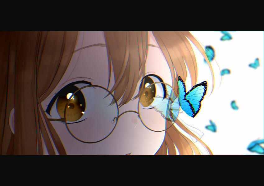 blue_butterfly brown_hair bug butterfly butterfly_wings close-up commentary_request female glasses hair_between_eyes highres insect_wings kazepana kunikida_hanamaru letterboxed looking_at_viewer love_live! love_live!_sunshine!! mitaiken_horizon parted_lips reflection simple_background solo white_background wings yellow_eyes