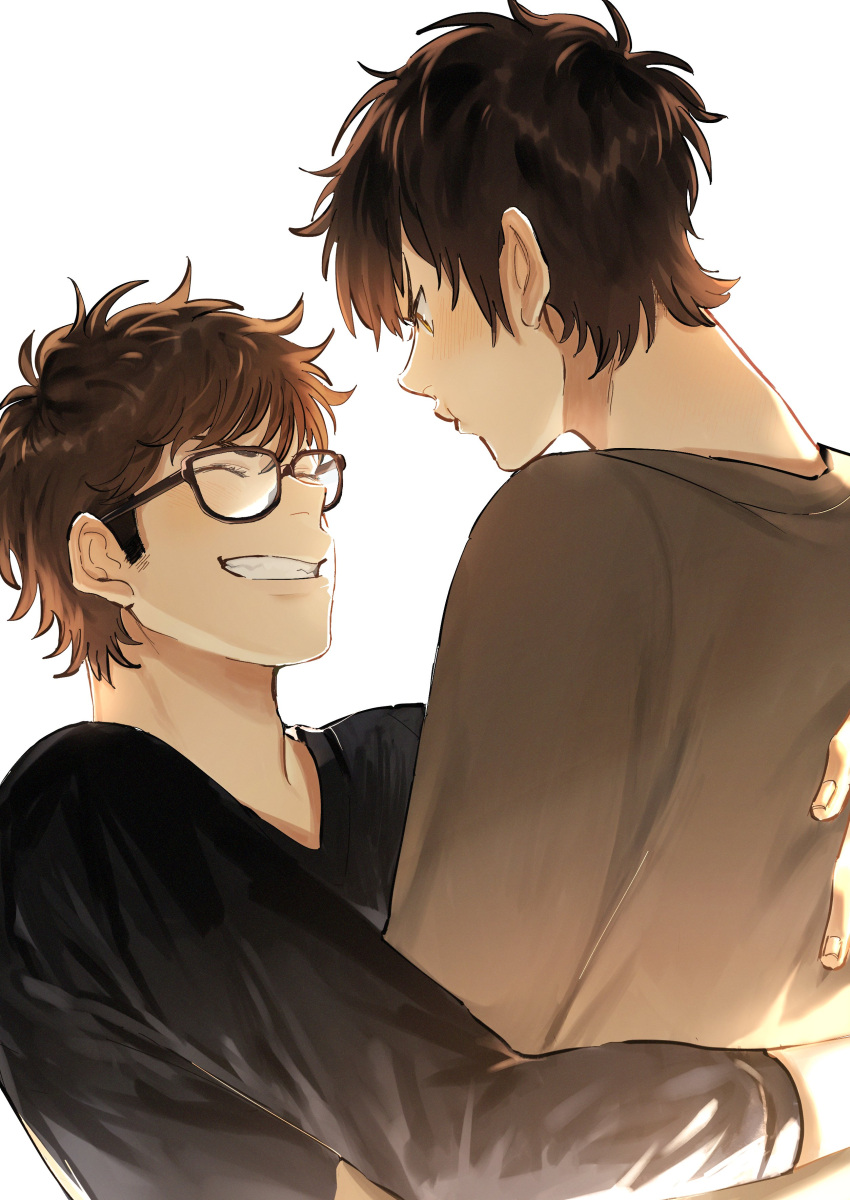 2boys absurdres ace_of_diamond black_shirt blush brown_eyes brown_hair brown_shirt closed_eyes glasses highres hug iramiikaiiri looking_at_another male_focus miyuki_kazuya multiple_boys pout sawamura_eijun shirt short_hair sideburns smile teeth upper_body yaoi