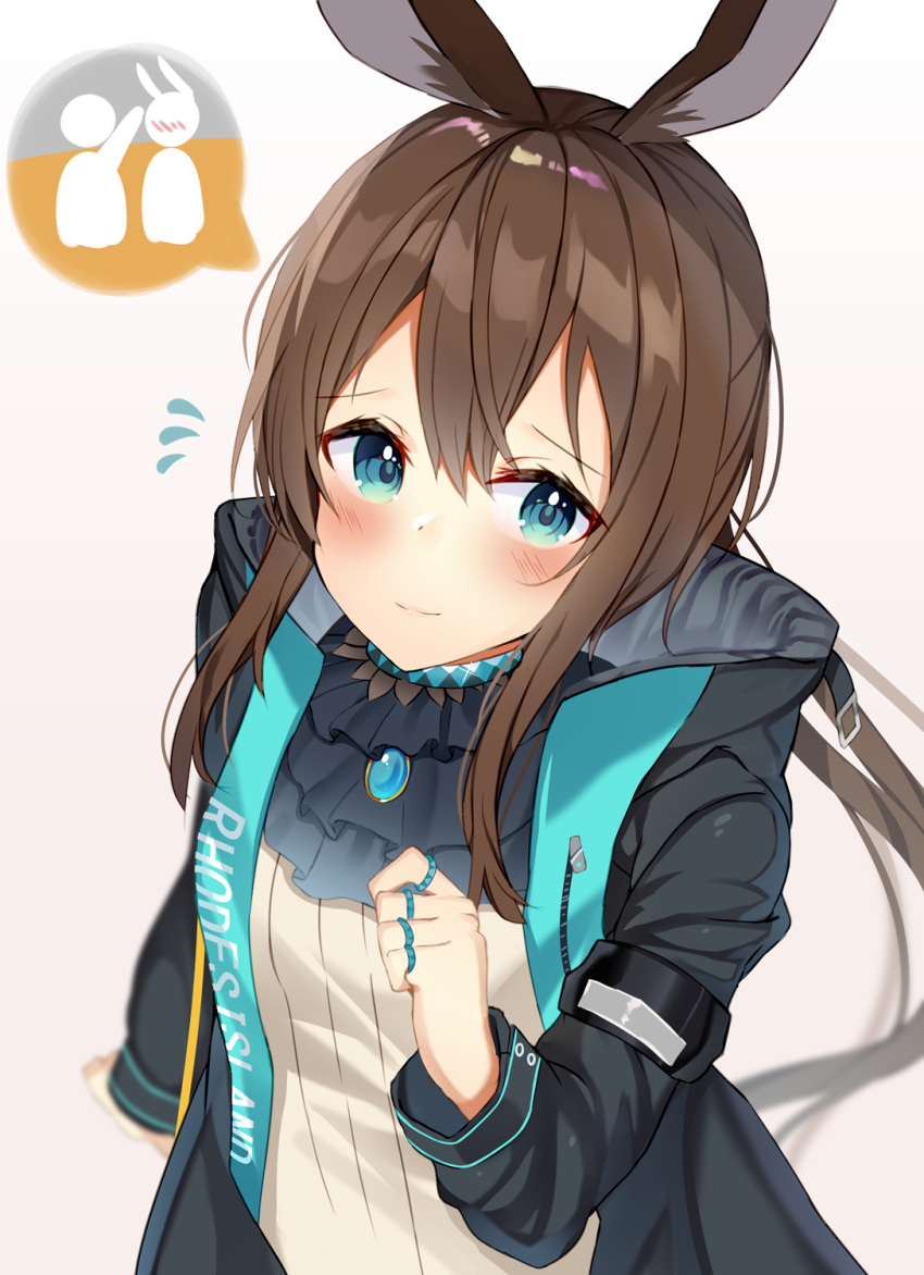 amiya_(arknights) animal_ears arknights black_jacket blue_eyes blurry blurry_background blush brooch brown_hair closed_mouth commentary_request depth_of_field female flying_sweatdrops gradient_background grey_background hair_between_eyes hand_up highres jacket jewelry long_hair long_sleeves looking_at_viewer mizuki_ryuu open_clothes open_jacket rabbit_ears ribbed_shirt ring shirt smile solo speech_bubble upper_body very_long_hair white_background white_shirt