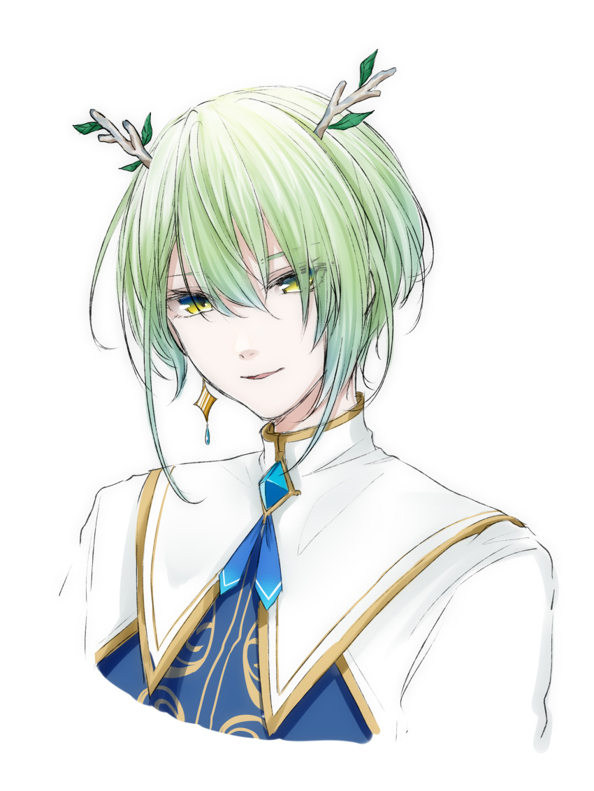 1boy absurdres antlers branch ceres_faun ceres_fauna commentary earrings english_commentary genderswap_(ftm) green_hair highres hololive hololive_english horns jewelry looking_at_viewer male_focus maziky rule_63 short_hair solo virtual_youtuber white_background yellow_eyes