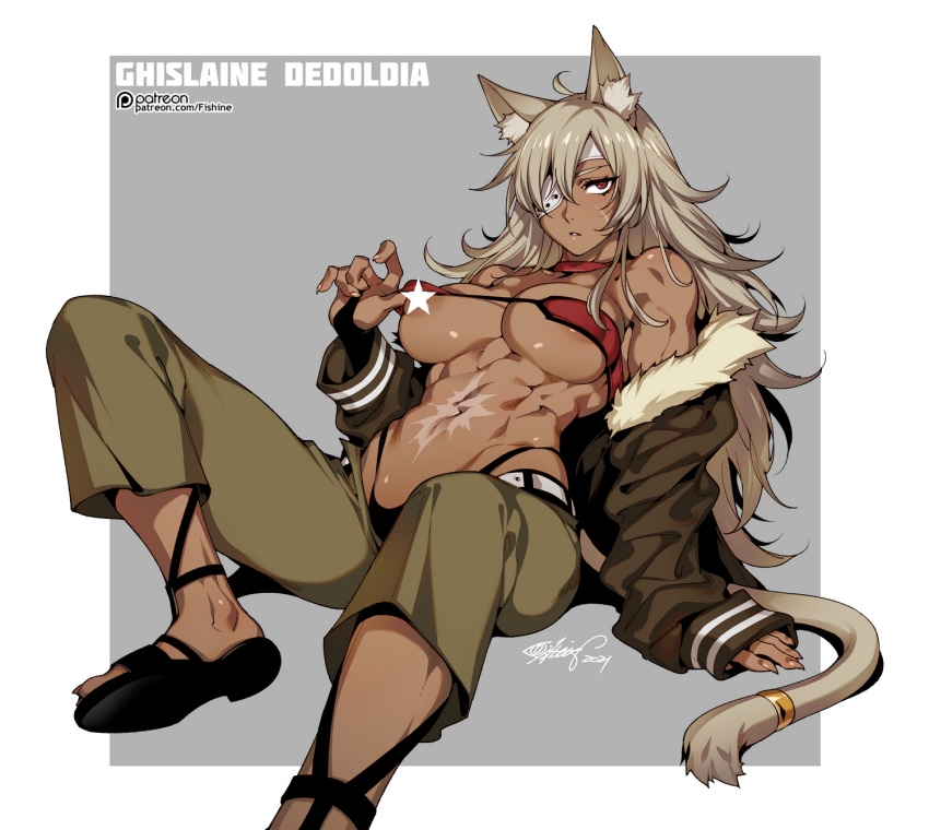 abs ahoge animal_ear_fluff animal_ears areola_slip arm_support bandeau bare_shoulders belt black_panties border breasts bridal_gauntlets brown_jacket cat_ears censored character_name choker cleavage collarbone commentary covered_nipples cowboy_shot dark-skinned_female dark_skin eyepatch female fishine fur-trimmed_jacket fur_trim ghislaine_dedoldia green_pants grey_background grey_hair groin hair_between_eyes highleg highleg_panties highres jacket large_breasts long_hair long_sleeves looking_at_viewer midriff muscular muscular_female mushoku_tensei navel obliques off_shoulder open_belt open_pants panties pants parted_lips patreon_username red_choker red_eyes sandals scar scar_on_cheek scar_on_face scar_on_stomach sidelocks signature simple_background sitting solo star_censor strapless underboob underwear watermark web_address white_border