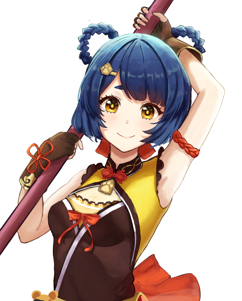 absurdres arm_up armpits artistic_error bad_anatomy bare_shoulders blue_hair blush braid breasts dress female fingerless_gloves genshin_impact gloves guoba_(genshin_impact) hair_ornament highres holding holding_weapon looking_at_viewer matmaj pole short_eyebrows simple_background small_breasts smile solo thick_eyebrows twin_braids upper_body weapon white_background wrong_hand xiangling_(genshin_impact) yellow_eyes