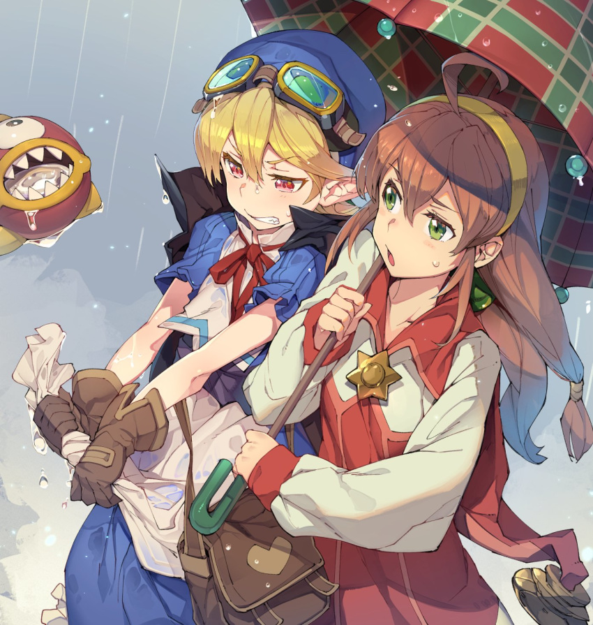 2girls ahoge apron bag blonde_hair blue_headwear blush brown_bag brown_hair cape coat dress gloves goggles goggles_on_head green_eyes hair_ornament hairband hat highres lilka_eleniak long_hair long_sleeves low-tied_long_hair marivel_armitage multiple_girls open_mouth pointy_ears red_eyes sidelocks skirt tarariko twintails umbrella white_legwear wild_arms wild_arms_2 yellow_hairband