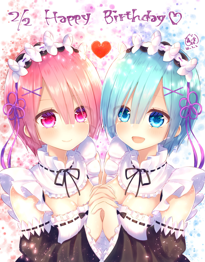 2girls absurdres black_ribbon blue_background blue_eyes blue_hair blunt_bangs breasts cleavage cleavage_cutout closed_mouth clothing_cutout commentary_request dated detached_sleeves eyelashes eyes_visible_through_hair flower_wreath frilled_sleeves frills hair_ornament hair_ribbon hand_up happy_birthday heart highres holding_hands interlocked_fingers long_sleeves looking_at_viewer maid medium_breasts multicolored_background multiple_girls neck_ribbon open_mouth pink_background pink_eyes pink_hair purple_ribbon ram_(re:zero) re:zero_kara_hajimeru_isekai_seikatsu rem_(re:zero) ribbon roswaal_mansion_maid_uniform short_hair siblings signature sisters small_breasts smile tongue twins two-tone_dress upper_body white_background x_hair_ornament xx_momomo_xx