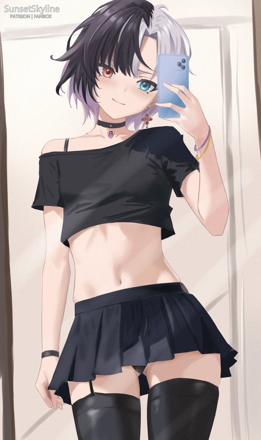 armband artist_name ass_visible_through_thighs bare_arms black_armband black_bracelet black_choker black_hair black_panties black_shirt black_skirt black_thighhighs blue_eyes bra_strap cellphone choker commentary cowboy_shot crop_top cropped_shirt cross cross_earrings earrings english_commentary female heterochromia highres idol_corp indoors jewelry light_smile midriff miniskirt mirror multicolored_hair navel panties pantyshot pendant_choker phone pleated_skirt purple_armband red_eyes rin_penrose selfie shirt short_hair short_sleeves skirt solo split-color_hair stomach sunset_skyline taking_picture thighhighs underwear virtual_youtuber white_hair yellow_bracelet