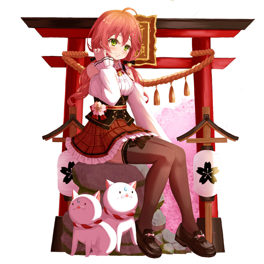 35p_(sakura_miko) absurdres ahoge black_footwear blush cherry_blossom_print cherry_blossoms feline female floral_print full_body green_eyes highres hololive natsuki_(digretking) official_alternate_costume pink_hair sakura_miko sakura_miko_(casual) shoes sitting skirt thighhighs torii virtual_youtuber