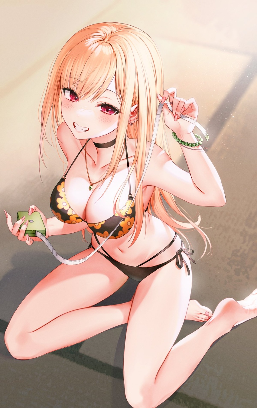 arm_up armpits barbell_piercing bare_shoulders barefoot bead_bracelet beads bikini black_bikini black_choker blonde_hair bracelet breasts choker cleavage collarbone commentary ear_piercing earrings female floral_print full_body grin halterneck highres holding jewelry kh_(kh_1128) kitagawa_marin large_breasts long_hair looking_at_viewer multi-strapped_bikini_bottom nail_polish navel necklace piercing print_bikini red_eyes side-tie_bikini_bottom sitting smile soles solo sono_bisque_doll_wa_koi_wo_suru stomach string_bikini swimsuit tape_measure thighs toes yokozuwari