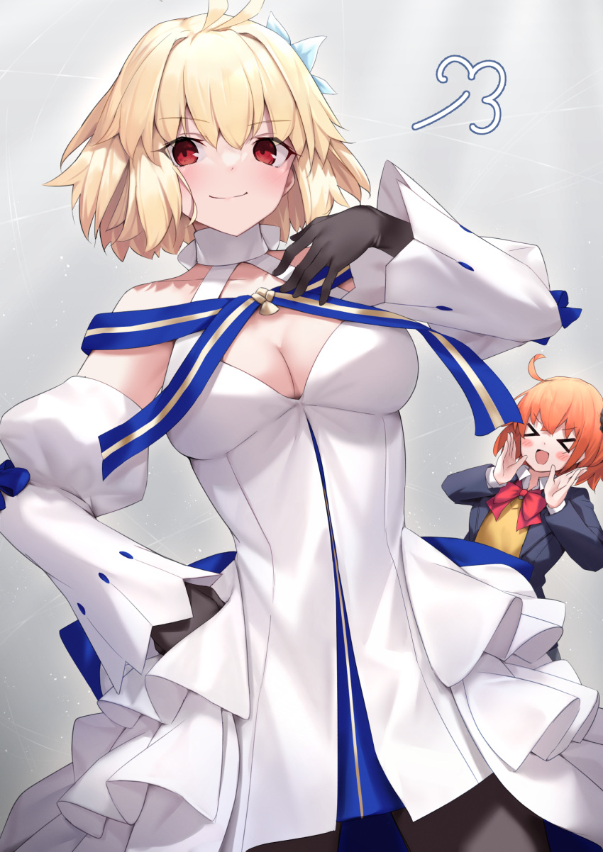 >o< 2girls ahoge antenna_hair archetype_earth arcueid_brunestud black_gloves black_jacket black_pantyhose black_scrunchie blonde_hair blush blush_stickers bow bowtie breasts cleavage closed_eyes closed_mouth collarbone collared_shirt commentary_request detached_sleeves dress fate/grand_order fate_(series) fujimaru_ritsuka_(female) fujimaru_ritsuka_(female)_(souya_high_school_uniform) gloves hair_between_eyes hair_ornament hair_scrunchie highres jacket large_breasts looking_at_viewer multiple_girls open_clothes open_jacket open_mouth orange_hair pantyhose red_bow red_eyes reuri_(tjux4555) school_uniform scrunchie shirt short_hair side_ponytail simple_background smile tsukihime tsukihime_(remake) uniform vest white_dress white_shirt wide_sleeves yellow_vest