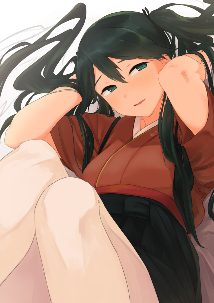 black_hair blush check_commentary commentary_request enoshito female green_eyes hair_between_eyes hair_ribbon hakama hakama_skirt highres houshou_(kancolle) japanese_clothes kantai_collection kimono long_hair lying on_back open_mouth pantyhose partial_commentary ponytail red_hakama ribbon skirt solo tasuki white_pantyhose