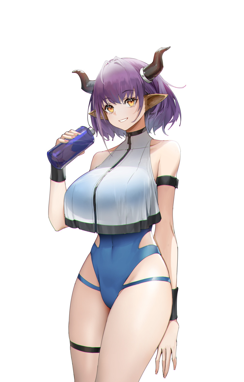 :d absurdres alternate_costume animal_ears arknights arm_strap bare_shoulders blue_one-piece_swimsuit blush bottle breasts casual_one-piece_swimsuit covered_navel cow_ears cow_horns cowboy_shot crop_top crop_top_overhang female genera-x highres holding holding_bottle horns large_breasts one-piece_swimsuit parted_lips purple_hair short_hair sideroca_(arknights) simple_background smile solo swimsuit thigh_strap white_background yellow_eyes