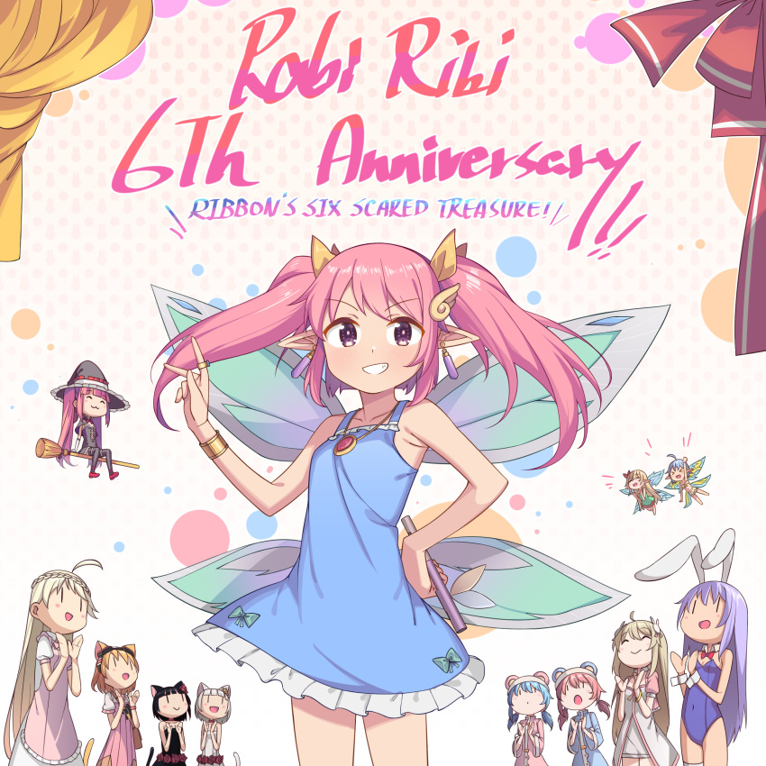 6+girls anniversary ashuri_(rabi-ribi) bare_arms bare_shoulders blue_dress bracelet chibi chocolate_(rabi_ribi) cocoa_(rabi_ribi) commentary copyright_name dress earrings english_commentary english_text erina_(rabi-ribi) fairy_wings flute frilled_dress frills grin hair_ornament hairclip hand_on_own_hip highres instrument jewelry lilli_(rabi-ribi) long_hair looking_at_viewer miriam_(rabi_ribi) multiple_girls necklace nieve_(rabi_ribi) nixie_(rabi_ribi) official_art pink_eyes pink_hair pixie_(rabi-ribi) pointy_ears rabi-ribi ribbon_(rabi-ribi) ring rumi_(rabi_ribi) saiste sleeveless sleeveless_dress smile twintails vanilla_(rabi_ribi) wing_hair_ornament wings |_|