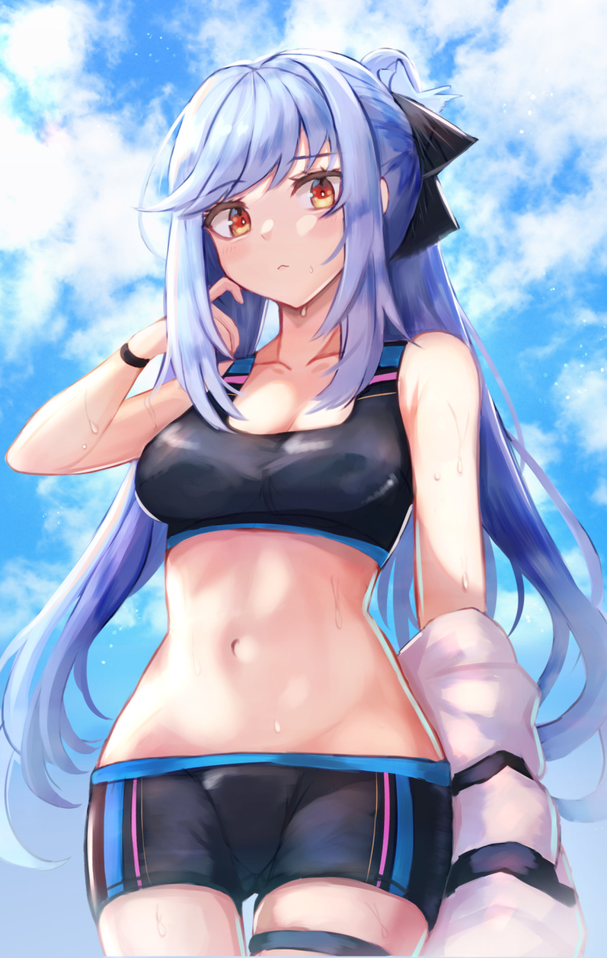 :< alternate_costume azur_lane bare_shoulders black_shorts blue_hair blue_sky breasts cleavage closed_mouth cloud collarbone cowboy_shot crop_top day essex_(azur_lane) female groin hair_ribbon hand_up highres long_hair looking_at_viewer medium_breasts midriff navel off_shoulder orange_eyes outdoors panipo ponytail ribbon short_shorts shorts sidelocks sky sleeveless solo sports_bra standing stomach sweat thigh_strap very_long_hair wristband