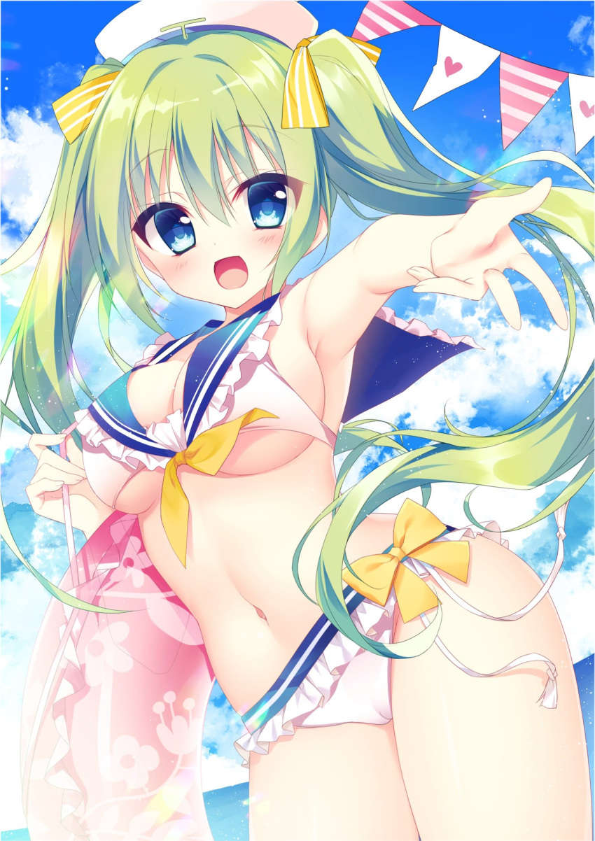 :d bikini blue_eyes blue_sailor_collar blue_sky breasts cameltoe cleavage cloud commentary day female flag foreshortening frilled_sailor_collar frills green_hair hair_between_eyes hair_ribbon hat heart highres holding holding_swim_ring innertube large_breasts long_hair looking_at_viewer matsumiya_kiseri melon-chan melonbooks navel ocean open_mouth outdoors outstretched_arms ribbon sailor_bikini sailor_collar side-tie_bikini_bottom sideboob sky smile solo swim_ring swimsuit thighs twintails underboob white_bikini white_hat