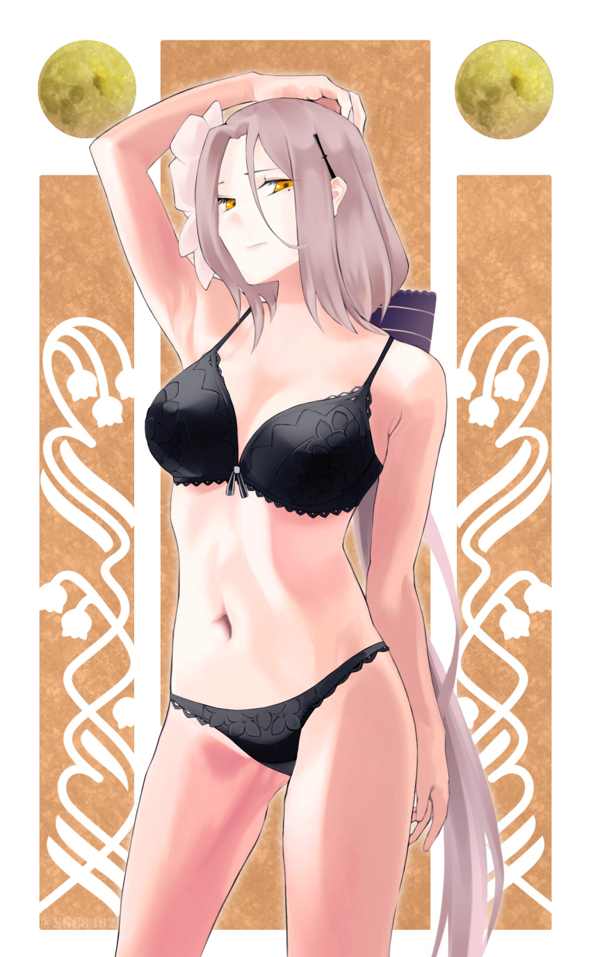 absurdres alternate_costume aug_(girls'_frontline) bare_shoulders black_bra black_panties blonde_hair bra breasts cleavage closed_mouth feet_out_of_frame female flower girls'_frontline hair_flower hair_ornament hairclip hand_on_own_head highres lips long_hair looking_at_viewer medium_breasts mole mole_under_eye navel orange_eyes panties simple_background solo standing sugac twitter_username underwear very_long_hair