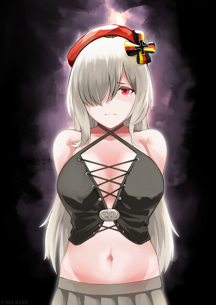 absurdres arms_behind_back bare_shoulders beret black_shirt breasts closed_mouth collarbone crop_top cross female g36c_(girls'_frontline) g36c_(mod3)_(girls'_frontline) german_flag girls'_frontline grey_hair grey_skirt hair_between_eyes hair_over_one_eye hair_ribbon hat highres iron_cross long_hair looking_at_viewer medium_breasts navel red_eyes red_hat ribbon shading_eyes shirt simple_background skirt solo standing sugac twitter_username upper_body