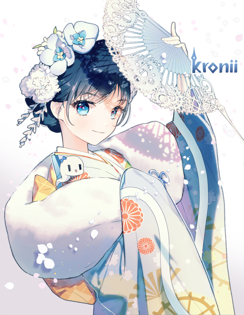 animal animal_on_shoulder blue_eyes blue_hair blue_kimono boros_(ouro_kronii) character_name cherry_blossoms closed_mouth female floral_print flower folding_fan from_side fur gradient_background grey_background hair_bun hair_flower hair_intakes hair_ornament hand_fan highres holding holding_fan hololive hololive_english japanese_clothes kanzashi kimono looking_at_viewer multicolored_background official_alternate_costume ouro_kronii ouro_kronii_(new_year) print_kimono rumi_(rarumi11) short_hair single_hair_bun sleeves_past_fingers sleeves_past_wrists smile snake solo upper_body virtual_youtuber white_background white_snake wide_sleeves |_|