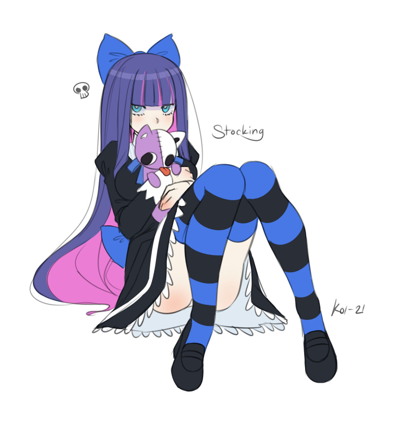 artist_name bangs black_dress black_footwear blue_bow blue_eyes bow dress female frilled_dress frills full_body gothic hairbow highres holding koihorkka looking_at_viewer multicolored_hair panties panty_&_stocking_with_garterbelt purple_hair shoes signature simple_background sitting skull solo stocking_(psg) striped striped_legwear stuffed_toy thighhighs thighs underwear white_background