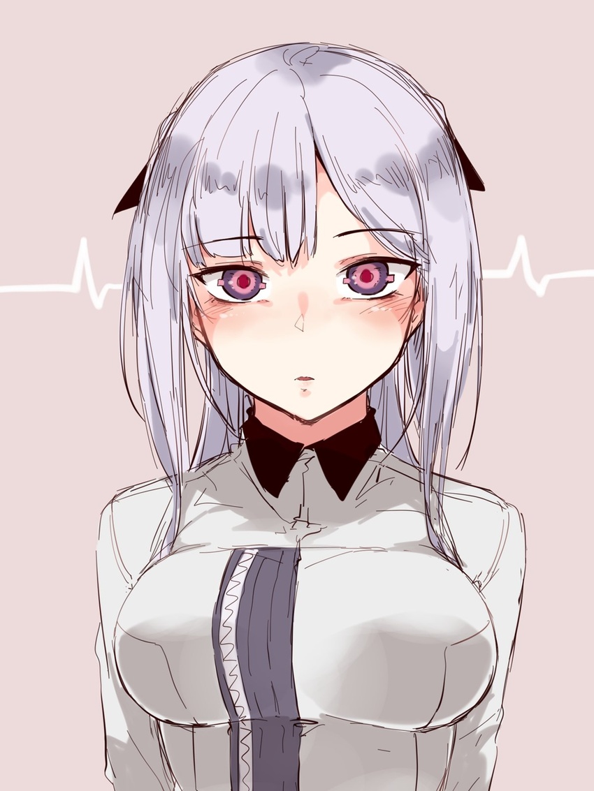 ak-12_(girls'_frontline) blush breasts cardiogram female girls'_frontline glowing glowing_eyes grey_hair heartbeat highres hourai_kochou large_breasts long_hair looking_at_viewer open_mouth purple_eyes shirt solo unusually_open_eyes wide-eyed