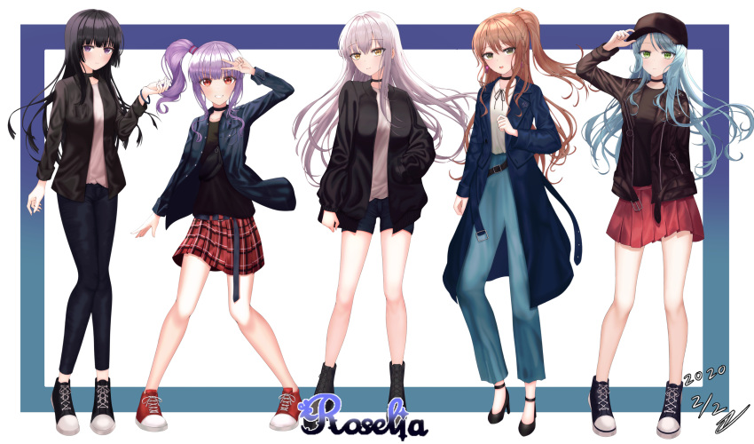 5girls :o absurdres adjusting_clothes adjusting_headwear alternate_hairstyle aqua_hair arm_behind_back arm_up bang_dream! bare_legs baseball_cap belt black_belt black_choker black_footwear black_hair black_headwear black_jacket black_ribbon black_shirt blue_border blue_coat blue_pants blue_shorts blunt_bangs boots border breast_pocket brown_hair choker clenched_hand coat collarbone collared_shirt commentary_request dated denim denim_jacket dong_hawn earrings fanny_pack full_body gradient_border green_eyes grey_hair grin half_updo hand_in_pocket hand_over_face hat high_heel_boots high_heels high_tops highres hikawa_sayo hime_cut imai_lisa jacket jeans jewelry knees_together_feet_apart korean_commentary leather leather_jacket light_frown long_hair long_sleeves looking_at_viewer minato_yukina miniskirt multiple_girls neck_ribbon oerba_yun_fang open_clothes open_jacket open_shirt pants plaid plaid_skirt pleated_skirt pocket purple_border purple_eyes purple_hair rabbit_earrings red_eyes red_footwear red_skirt ribbon roselia_(bang_dream!) shirokane_rinko shirt shoes short_shorts shorts side_ponytail sidelocks signature skirt smile sneakers standing udagawa_ako undershirt v white_background white_shirt yellow_eyes