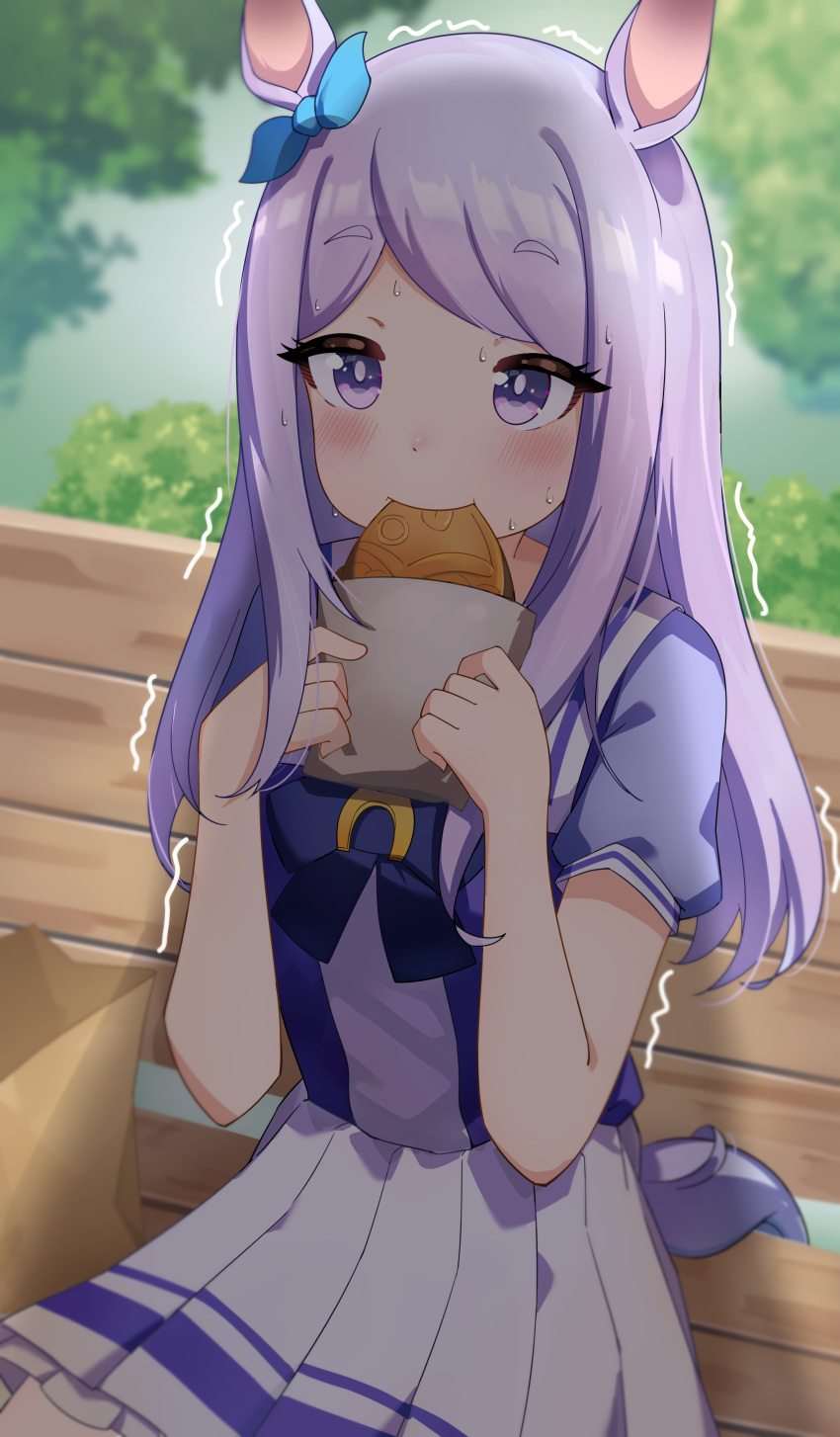 absurdres animal_ears az30317481 bread bread_slice eating female food foodgasm highres holding holding_food horse_ears horse_girl horse_tail long_hair mejiro_mcqueen_(umamusume) paku_paku_desuwa purple_hair school_uniform shaking solo tail tracen_school_uniform umamusume