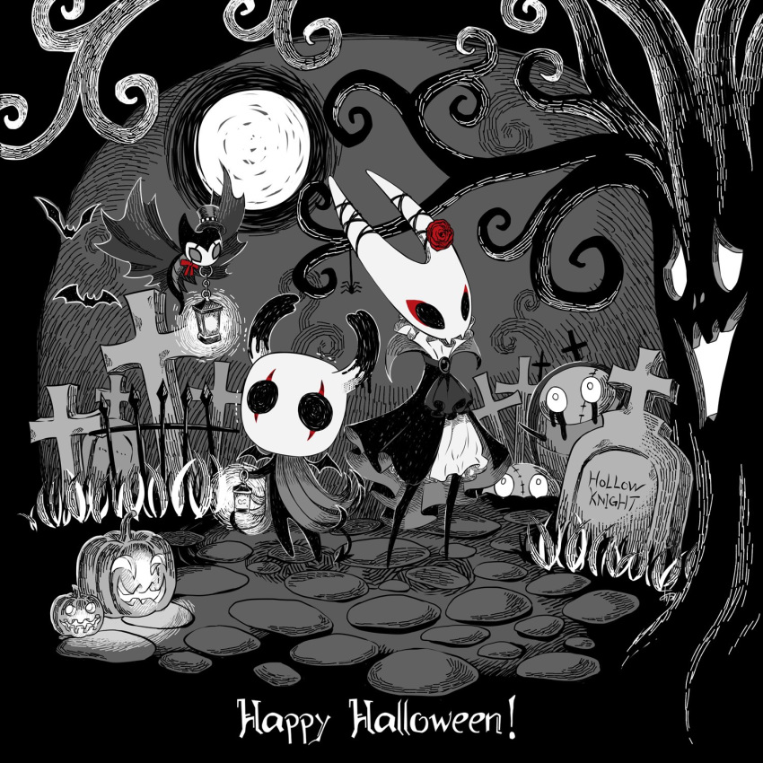 2others arizuka_(catacombe) ascot bare_tree bat_(animal) brooch cloak commentary copyright_name english_commentary english_text eyeliner female flower full_body full_moon graveyard greyscale grimmchild halloween happy_halloween hat highres holding holding_lantern hollow_eyes hollow_knight hornet_(hollow_knight) horns jack-o'-lantern jewelry knight_(hollow_knight) lantern looking_at_viewer makeup monochrome moon multiple_others outdoors rose spot_color standing tombstone top_hat tree wings