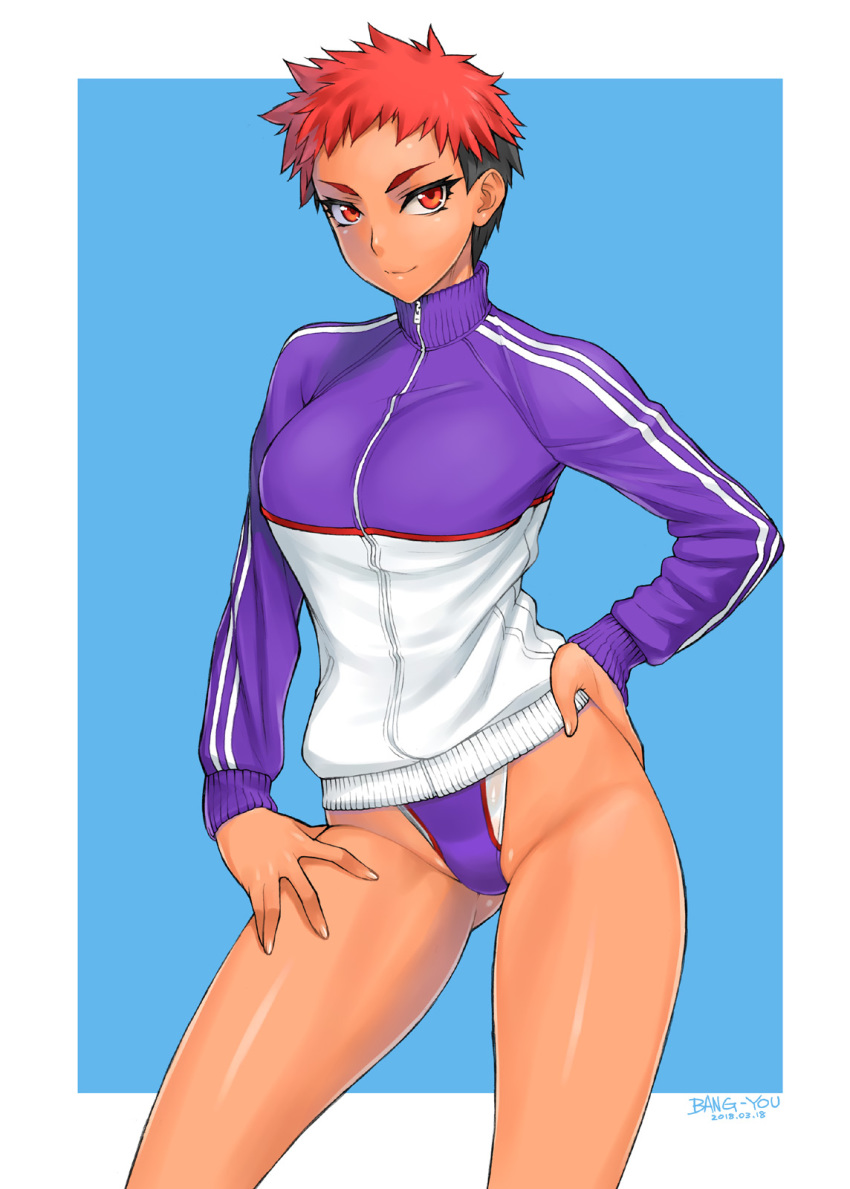 artist_name bang-you black_hair blue_background commentary_request competition_swimsuit contrapposto cowboy_shot dated female hand_on_own_hip highleg highleg_swimsuit highres jacket looking_at_viewer multicolored_clothes multicolored_hair multicolored_jacket one-piece_swimsuit original purple_one-piece_swimsuit red_eyes red_hair solo swimsuit swimsuit_under_clothes tan track_jacket two-tone_background two-tone_hair two-tone_jacket white_background