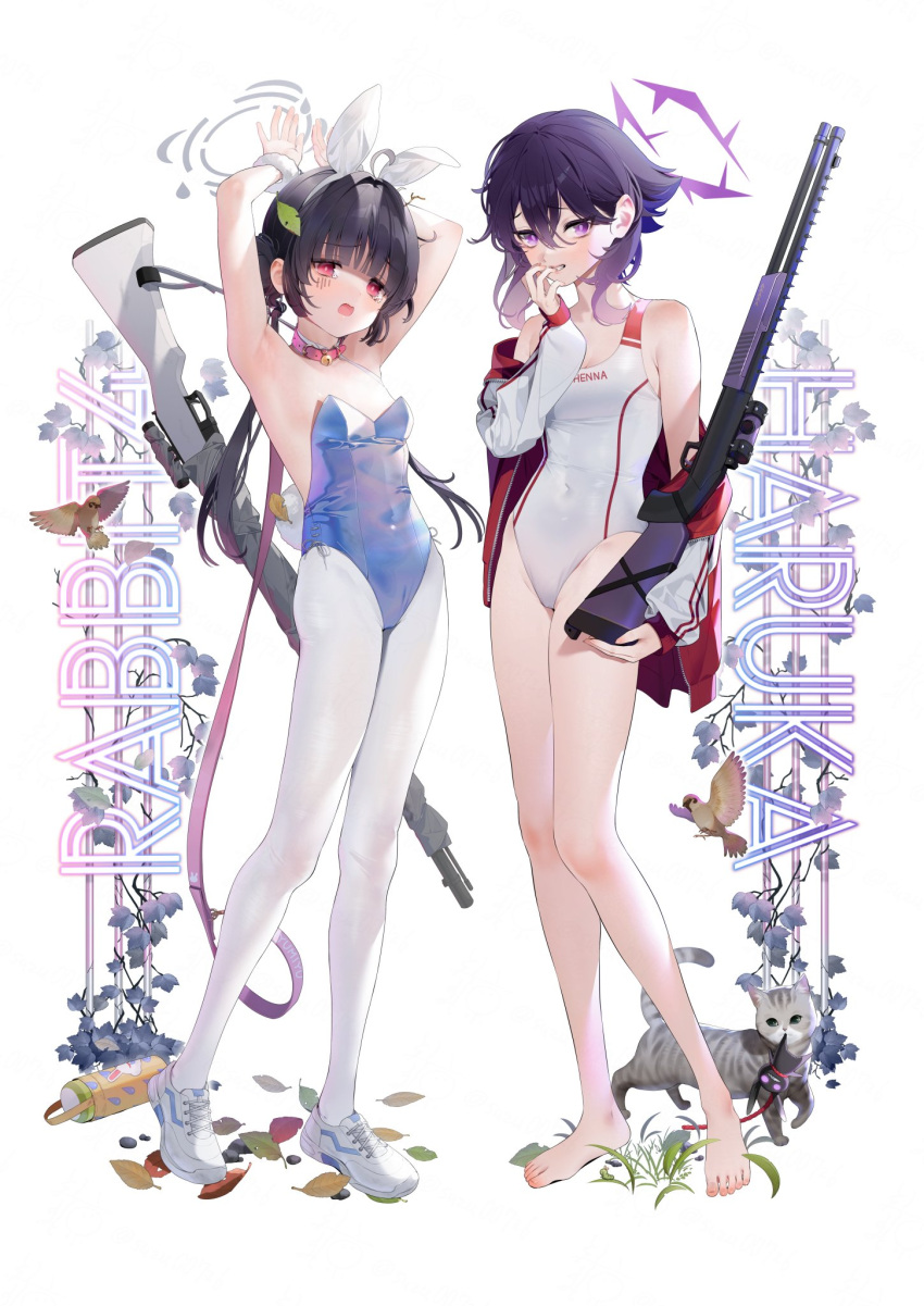 2girls ahoge alternate_costume animal_collar animal_ear_hairband animal_ears armpits arms_up bare_legs barefoot blue_archive blue_leotard blunt_bangs bolt_action bound bound_wrists breasts collar collarbone commentary_request competition_swimsuit eyelashes fake_animal_ears feet feline fp6 full_body grey_halo gun hair_between_eyes hair_intakes hairband halo hand_up haruka_(blue_archive) highleg highleg_leotard highleg_swimsuit highres holding jacket leash legs leotard long_hair medium_hair miyu_(blue_archive) mosin-nagant multiple_girls one-piece_swimsuit open_clothes open_jacket oversized_breast_cup pantyhose playboy_bunny purple_eyes purple_hair purple_halo rabbit_ear_hairband rabbit_ears red_eyes red_jacket rifle shoes shotgun small_breasts sneakers standing strapless strapless_leotard suzu_(tonami0726) swimsuit thighs toenails toes track_jacket twintails weapon white_background white_footwear white_hairband white_one-piece_swimsuit white_pantyhose