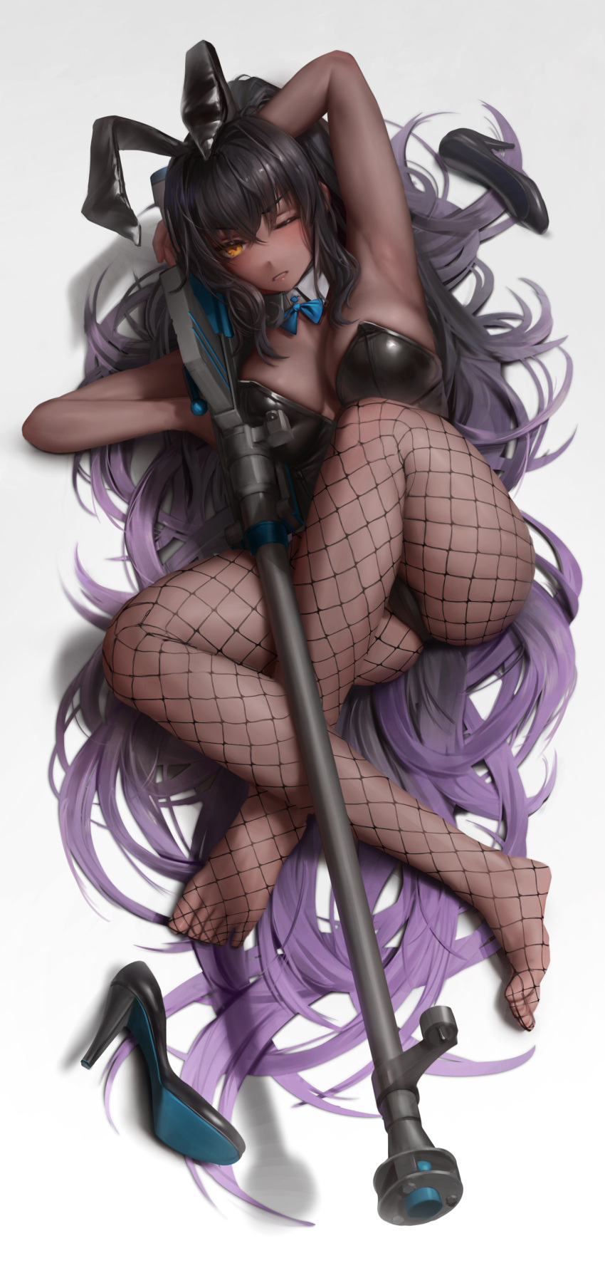 absurdres animal_ears anti-materiel_rifle armpits black_hair black_leotard blue_archive blue_bow blue_bowtie bolt_action bow bowtie boys_anti_tank_rifle breasts commentary dark-skinned_female dark_skin detached_collar fake_animal_ears feet female fishnet_pantyhose fishnets full_body gradient_hair gun hair_spread_out high_heels highres karin_(blue_archive) karin_(bunny)_(blue_archive) large_breasts legs leotard long_hair multicolored_hair no_shoes numanoan official_alternate_costume one_eye_closed pantyhose playboy_bunny ponytail purple_hair rabbit_ears ribbon rifle sniper_rifle solo strapless strapless_leotard toes very_long_hair weapon yellow_eyes