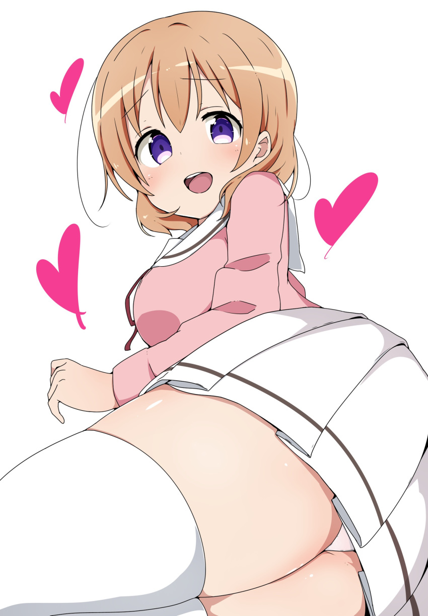 :d ass blush breasts commentary_request female gochuumon_wa_usagi_desu_ka? hair_between_eyes heart highres hoto_cocoa legs_together looking_at_viewer lying medium_breasts miniskirt on_side open_mouth orange_hair panties pink_shirt purple_eyes ribbon riyo_(aokiwazumi) sailor_collar shirt short_hair skirt smile solo thighhighs thighs underwear white_background white_panties white_sailor_collar white_skirt white_thighhighs