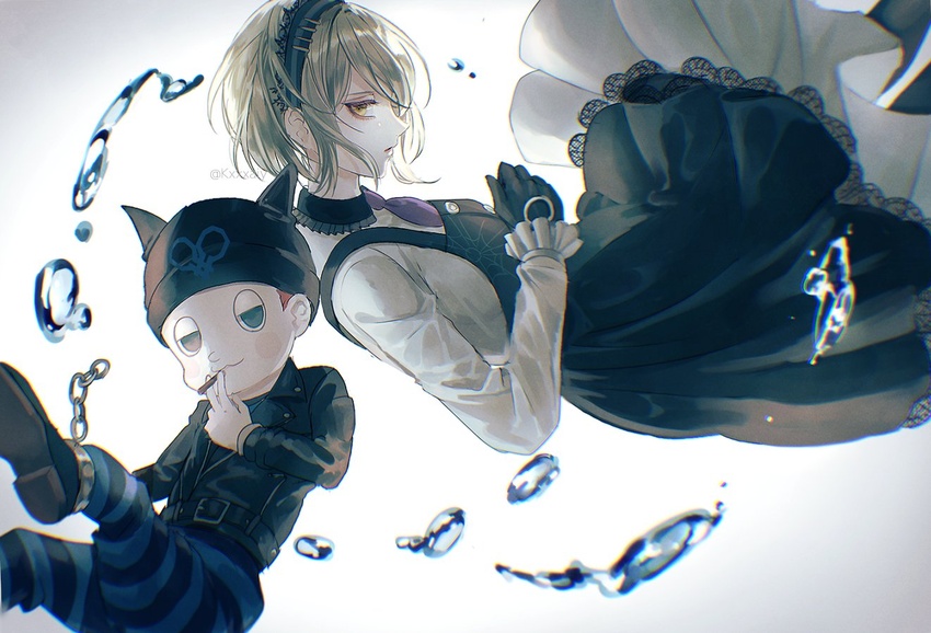 1boy :3 belt black_belt black_eyes black_gloves black_jacket blonde_hair blush blush_stickers brown_hair chains cigarette commentary_request danganronpa_(series) danganronpa_v3:_killing_harmony dress female from_side gloves green_eyes hat height_difference holding holding_cigarette hoshi_ryoma jacket long_sleeves looking_at_viewer maid maid_headdress necktie pants pinafore_dress pink_necktie sakuyu shirt shoes short_hair sleeveless sleeveless_dress smile striped_clothes striped_pants tojo_kirumi twitter_username very_short_hair white_shirt