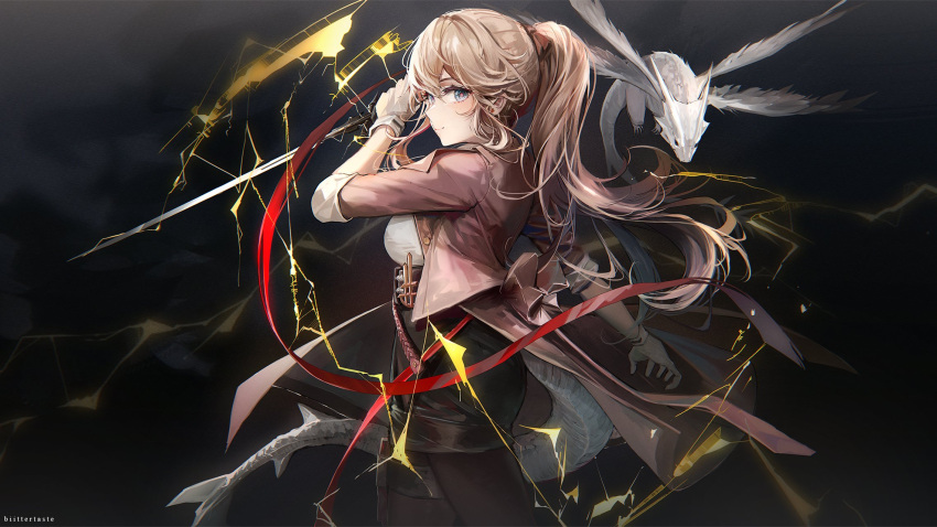 alchemy_stars belt biittertaste blonde_hair blue_eyes brown_jacket closed_mouth curie_(alchemy_stars) dragon dragon_tail electricity female gloves highres holding holding_sword holding_weapon jacket long_hair looking_at_viewer miniskirt multiple_wings open_clothes open_jacket pantyhose ponytail reverse_grip skirt solo_focus sword tail thigh_strap vivian_(alchemy_stars) weapon white_gloves white_tail wings