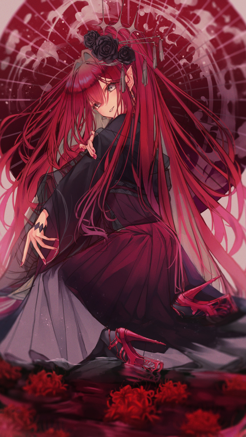 absurdres alternate_costume baobhan_sith_(dream_portrait)_(fate) baobhan_sith_(fate) black_flower black_rose chinese_clothes commentary_request fate/grand_order fate_(series) female flower from_behind grey_eyes hair_between_eyes hair_flower hair_intakes hair_ornament hanfu high_heels highres holding holding_umbrella kneeling long_hair looking_at_viewer official_alternate_costume oil-paper_umbrella pointy_ears red_footwear red_hair rose solo spica/kanade umbrella very_long_hair wide_sleeves