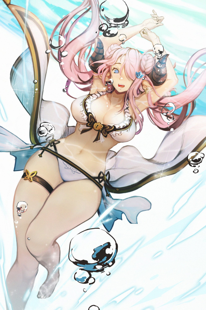 animal_print armpits arms_up babyg_wong bikini bikini_ribbon blue_eyes braid braided_bun breasts bubble butterfly_earrings butterfly_print double_bun draph earrings female floating_hair frilled_bikini frills granblue_fantasy granblue_fantasy_versus hair_bun hair_ornament hair_over_one_eye highres horns jewelry large_breasts lock long_hair narmaya_(granblue_fantasy) narmaya_(summer)_(granblue_fantasy) official_alternate_costume open_mouth pink_hair pointy_ears ribbon sarong showgirl_skirt side-tie_bikini_bottom simple_background smile solo swimsuit thigh_strap water white_bikini