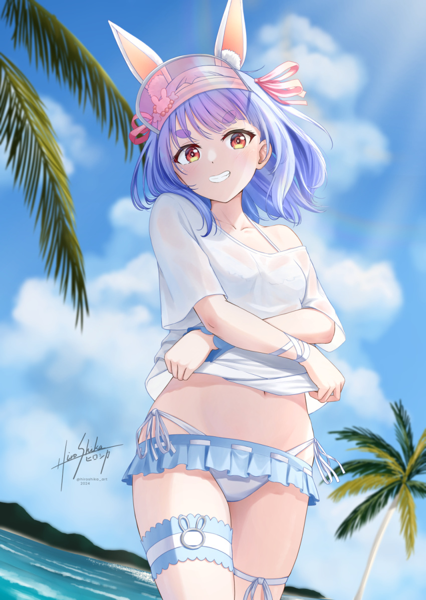 animal_ear_fluff animal_ears bikini bikini_skirt blue_bikini blue_hair blush breasts bridal_garter cleavage commentary female frilled_bikini frills hat_ornament highleg highleg_bikini highres hololive leg_ribbon looking_at_viewer medium_hair navel official_alternate_costume orange_eyes outdoors palm_tree rabbit-shaped_pupils rabbit_ears rabbit_girl rabbit_hat_ornament ribbon short_eyebrows skyrail small_breasts smile solo stomach swimsuit symbol-shaped_pupils thigh_ribbon tree usada_pekora usada_pekora_(summer) virtual_youtuber visor_cap