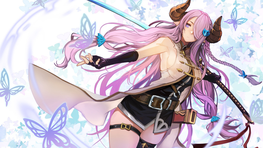 babyg_wong belt belt_buckle black_gloves black_shirt blue_eyes braid breasts brown_belt buckle bug butterfly butterfly_hair_ornament coat cowboy_shot draph dress elbow_gloves female fingerless_gloves gloves granblue_fantasy hair_ornament hair_over_one_eye highres horns katana large_breasts long_hair narmaya_(granblue_fantasy) pink_hair pointy_ears shirt short_dress single_braid single_thighhigh sleeveless sleeveless_coat snowman_hair_ornament solo sword thigh_strap thighhighs weapon white_background white_coat