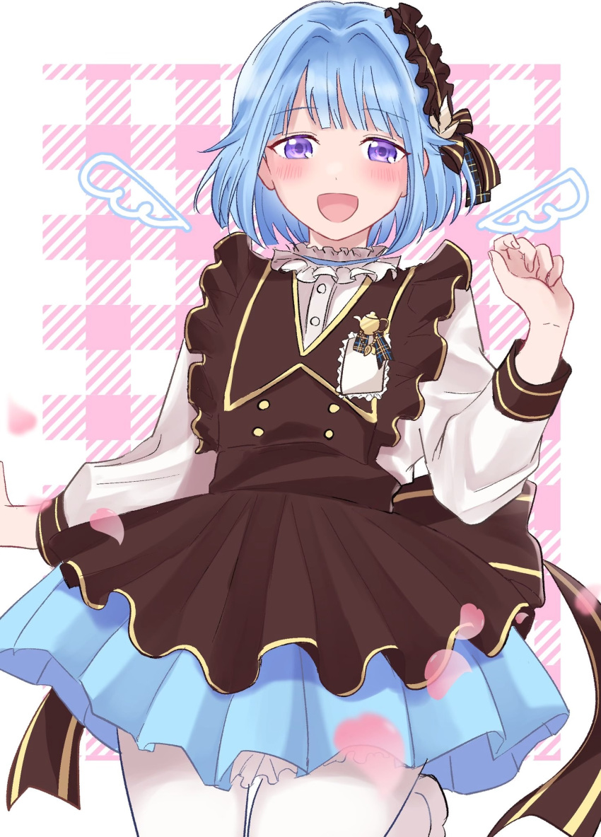 1boy :d apron back_bow back_ribbon black_apron black_hairband blue_hair blue_skirt blunt_bangs border bow buttons commentary_request cowboy_shot crossdressing detached_wings dorsiflexion_(wrist) dot_nose drawn_wings dress_shirt ensemble_stars! falling_petals frilled_apron frilled_hairband frilled_shirt_collar frills hair_intakes hairband hand_up highres knee_up lapels light_blush long_sleeves male_focus medium_hair mini_wings naka_juju official_alternate_costume open_mouth otoko_no_ko outside_border pantyhose petals pink_background pink_petals plaid_background pleated_skirt purple_eyes shino_hajime shino_hajime_(made-to-order) shirt skirt smile solo split_mouth swept_bangs tareme white_border white_pantyhose white_shirt wings