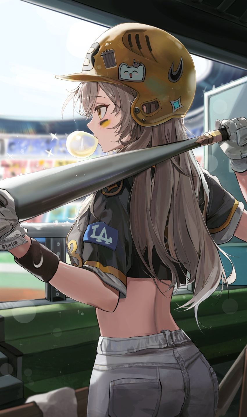 alternate_costume baseball_bat baseball_helmet baseball_stadium black_shirt blanc_(whit_blanc) bleachers blowing_bubbles breasts chewing_gum commentary cowboy_shot crop_top facepaint female from_behind gloves grey_hair hat helmet highres holding holding_baseball_bat honkai:_star_rail honkai_(series) large_breasts long_hair looking_ahead pants shirt solo standing stelle_(honkai:_star_rail) trailblazer_(honkai:_star_rail) white_gloves white_pants yellow_eyes yellow_hat yellow_helmet