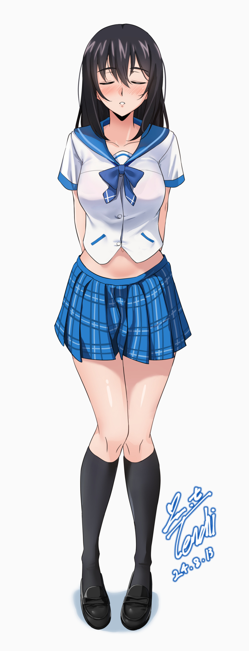 absurdres black_hair black_socks blue_sailor_collar blue_skirt buttons closed_eyes commission dated facing_viewer female full_body hair_between_eyes highres himeragi_yukina incoming_kiss kneehighs knees_together_feet_apart loafers long_hair midriff navel parted_lips plaid_clothes plaid_skirt saikai_academy_school_uniform sailor_collar school_uniform serafuku shirt shoes short_sleeves signature skirt socks solo strike_the_blood white_shirt yoo_tenchi