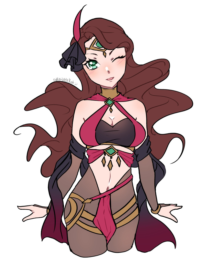 blush breasts bridal_gauntlets brown_hair cleavage dancer dorothea_arnault dorothea_arnault_(plegian) eyelashes feathers female fire_emblem fire_emblem:_three_houses fire_emblem_heroes green_eyes hair_ornament highres large_breasts long_hair looking_at_viewer midriff navel official_alternate_costume one_eye_closed open_mouth pantyhose pelvic_curtain smile smkittykat solo