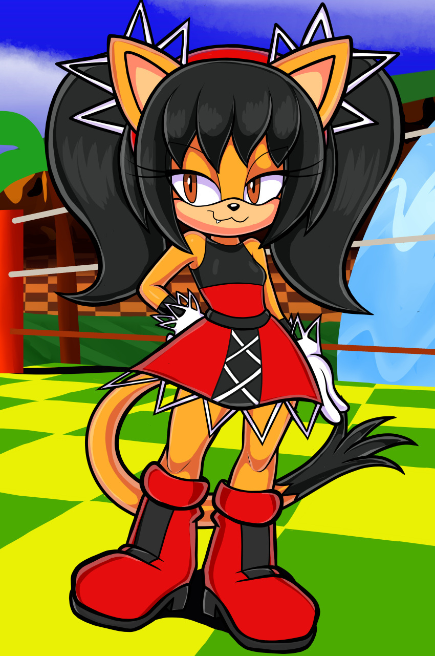 absurd_res accessory anthro blackmore clothing cloud felid feline female fighting_ring footwear fur gloves hair hair_accessory hairband handwear hi_res honey_the_cat mammal orange_eyes outside sega solo sonic_the_fighters sonic_the_hedgehog_(series) tail water yellow_body yellow_fur