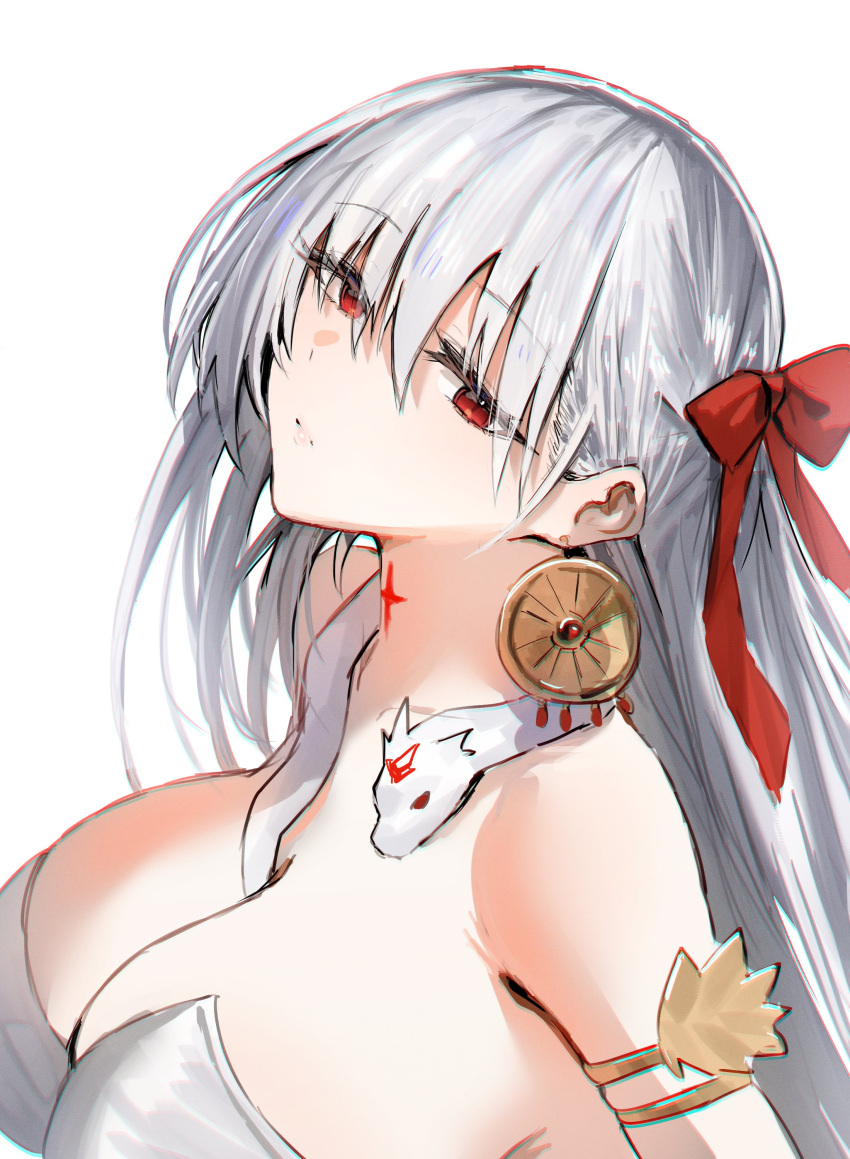 absurdres armlet bare_shoulders blush body_markings breasts cleavage dress durga_(fate) durga_(first_ascension)_(fate) earrings fate/grand_order fate_(series) female grey_hair hair_ribbon highres horn/wood jewelry large_breasts long_hair looking_at_viewer red_eyes ribbon snake solo very_long_hair white_dress