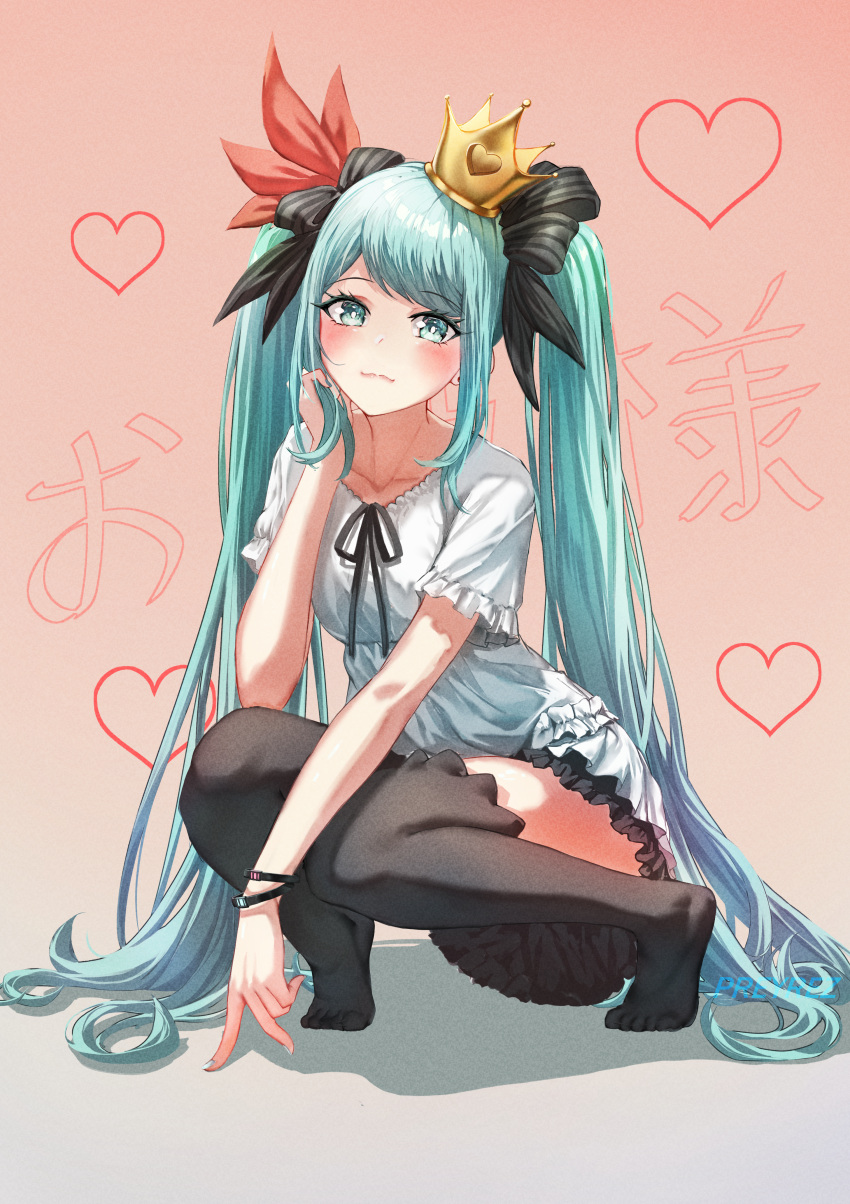 3: absurdres aqua_eyes aqua_hair aqua_nails axis_pr black_bow black_thighhighs blush bow collarbone commentary crown dress female frilled_dress frills full_body gradient_background hair_between_eyes hairbow hatsune_miku heart highres long_hair looking_at_viewer mini_crown no_shoes pink_background project_diva_(series) solo squatting supreme_(module) thighhighs twintails very_long_hair vocaloid white_dress world_is_mine_(vocaloid) wristband