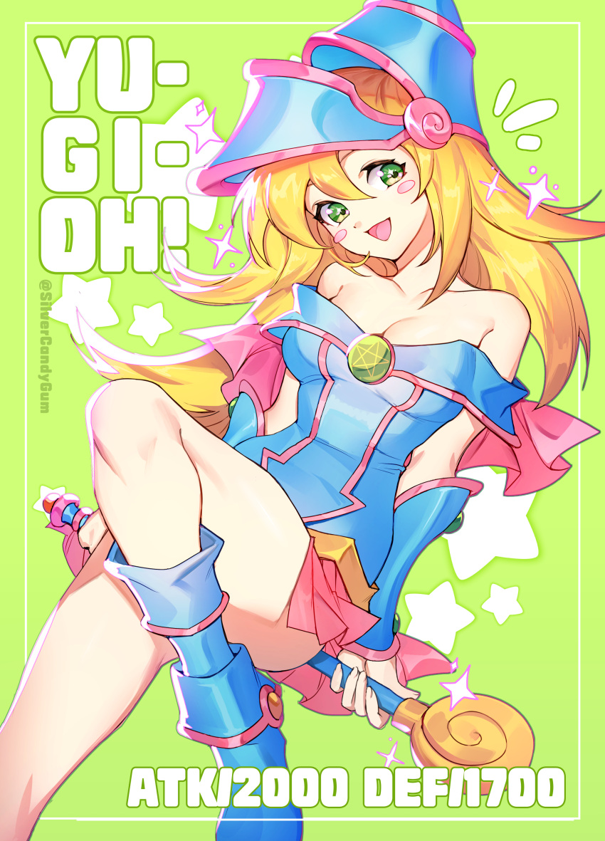 :d absurdres bare_shoulders blonde_hair blue_dress blue_footwear blue_hat blush_stickers boots breasts cleavage dark_magician_girl dress duel_monster female green_background green_eyes hair_between_eyes hat highres holding holding_staff long_hair looking_at_viewer off-shoulder_dress off_shoulder open_mouth silvercandy_gum smile solo staff star_(symbol) twitter_username wizard_hat yu-gi-oh!