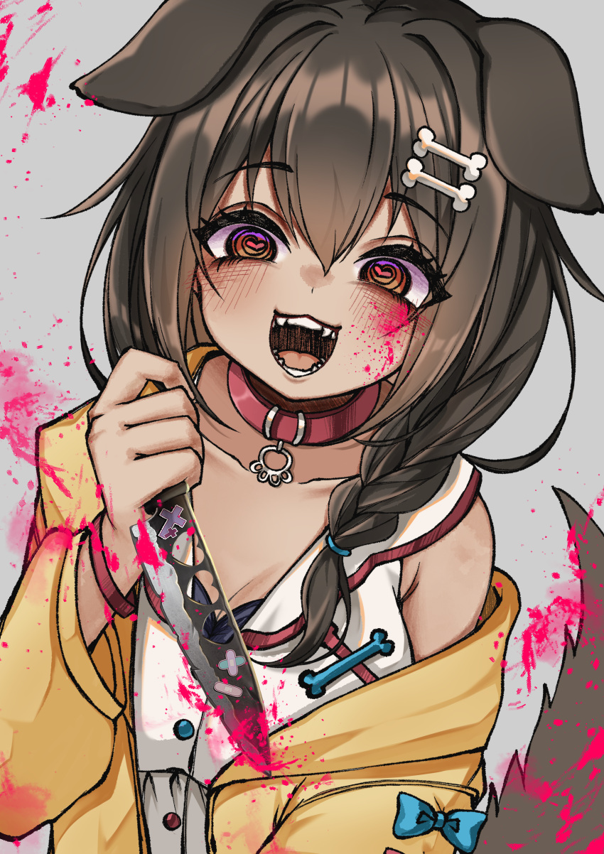 @_@ absurdres animal_collar animal_ears blood blood_on_face blood_stain bone_hair_ornament braid brown_eyes brown_hair collar crazy crazy_eyes crazy_smile dog_ears dog_girl dog_tail dress fangs female hair_ornament hairclip heart heart-shaped_pupils highres holding holding_knife holding_weapon hololive inugami_korone inugami_korone_(1st_costume) jacket knife long_hair low_twin_braids low_twintails narurock8925 off_shoulder open_clothes open_jacket pink_blood red_collar sleeveless sleeveless_dress smile symbol-shaped_pupils tail twin_braids twintails virtual_youtuber weapon white_dress yandere yellow_jacket