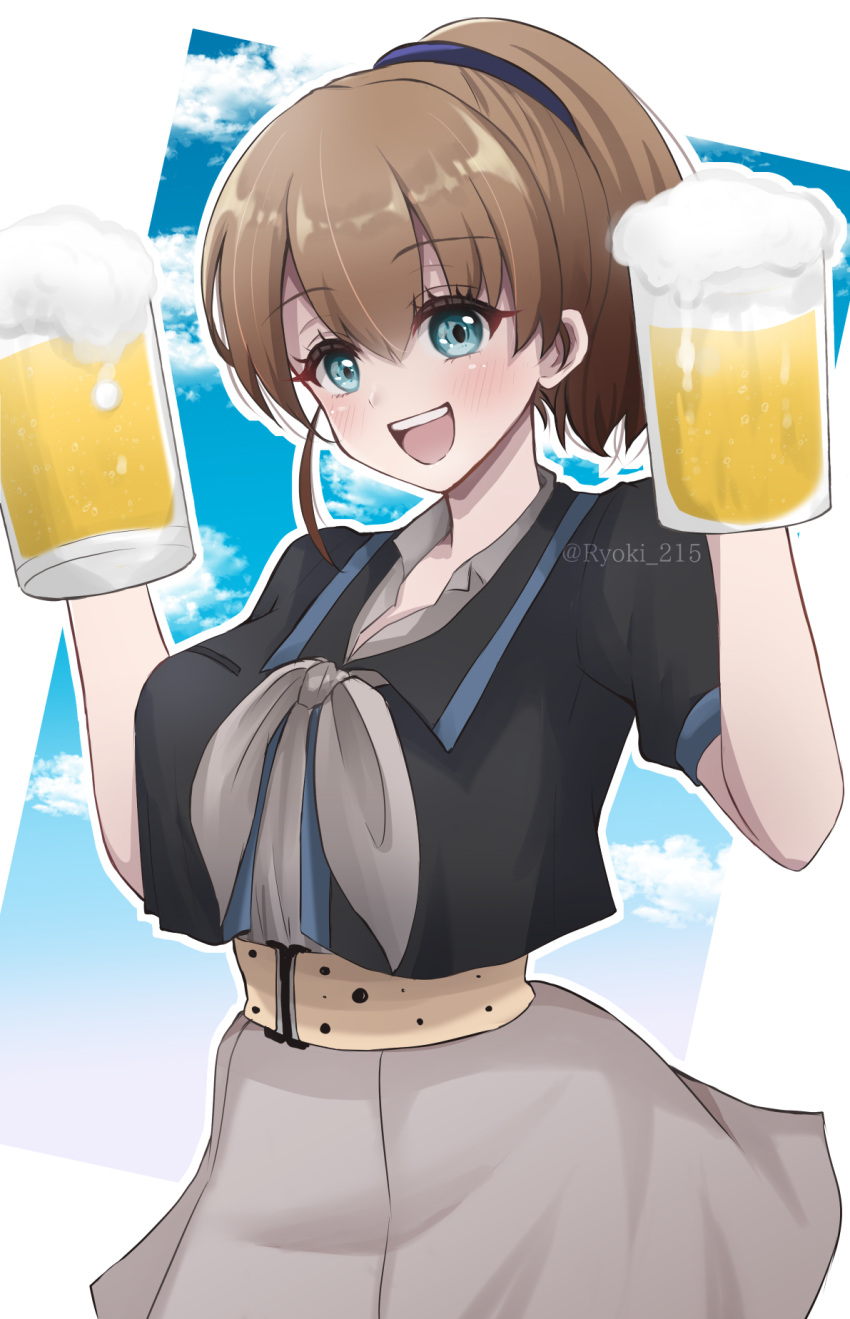 beer_mug black_shirt blue_eyes blush breasts brown_hair cloud cloudy_sky cowboy_shot cup day female grey_neckerchief grey_skirt hair_between_eyes high_side_ponytail highres intrepid_(kancolle) kantai_collection large_breasts looking_at_viewer mug neckerchief open_mouth ponytail ryouki_(ryoki_215) shirt short_hair short_sleeves skirt sky smile solo twitter_username white_background